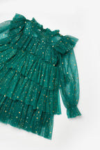 Chloe Girls’ Green Star Print Tiered Dress, Gold Star Crown & Bag Set