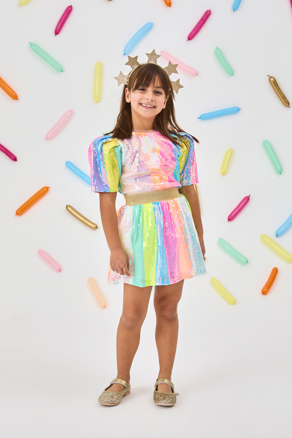 Dena Girls’ Multicolor Rainbow Sequin Skirt, Top & Gold Star Crown Set