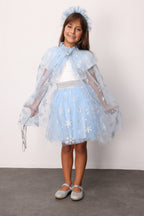 Pauline Girls’ Blue Snowflake Tulle Skirt, Cape, Staff & Crown Costume Set