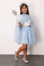 Pauline Girls’ Blue Snowflake Tulle Skirt, Cape, Staff & Crown Costume Set