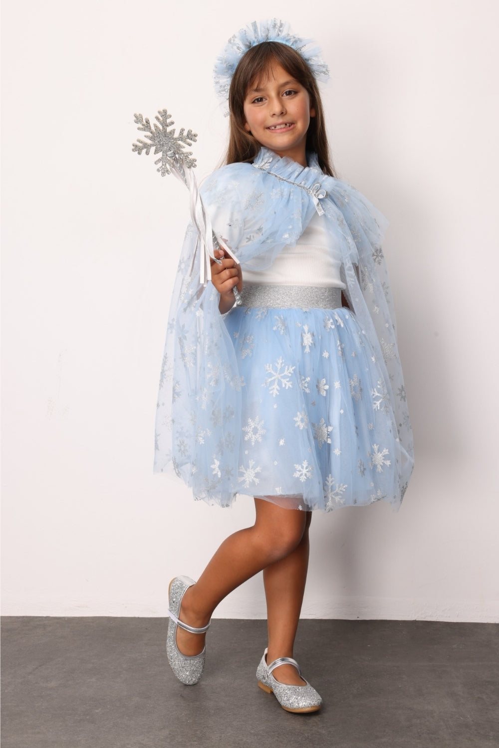 Pauline Girls’ Blue Snowflake Tulle Skirt, Cape, Staff & Crown Costume Set