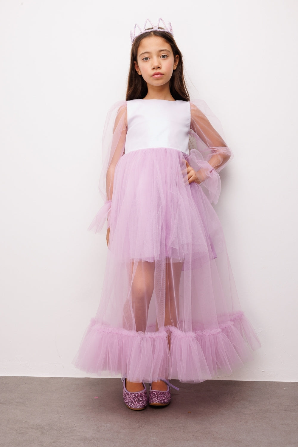 Harriet Girls’ Lilac Glitter Tulle Maxi Dress
