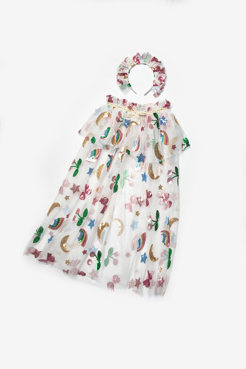 Girls’ White Rainbow & Cherry Sequin Party Cape and Crown Set