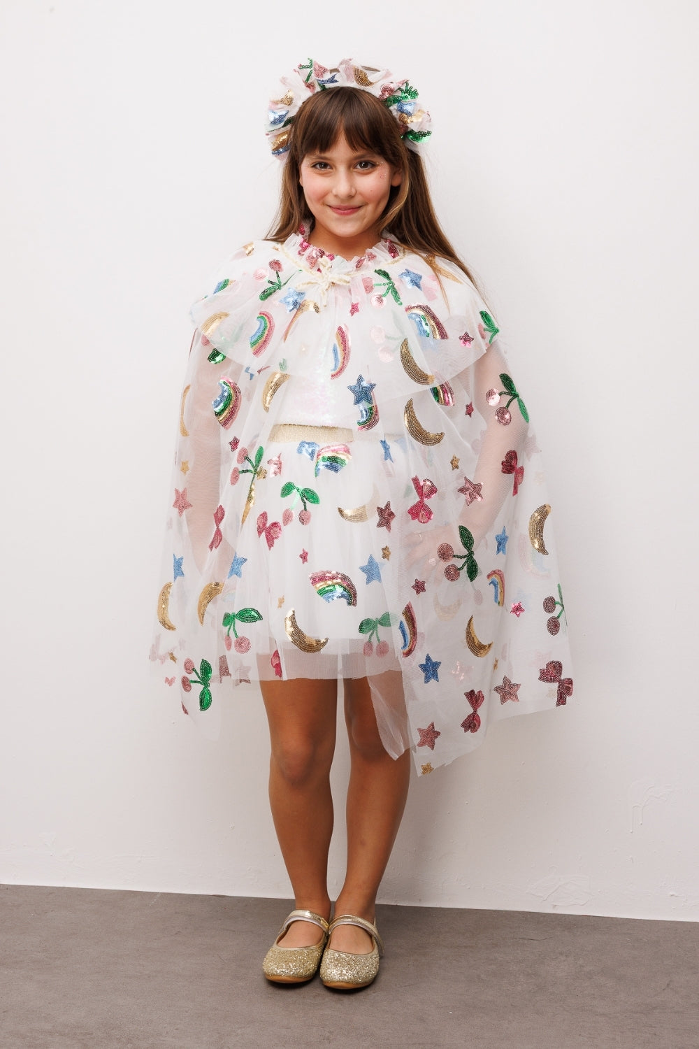 Girls’ White Rainbow & Cherry Sequin Party Cape and Crown Set