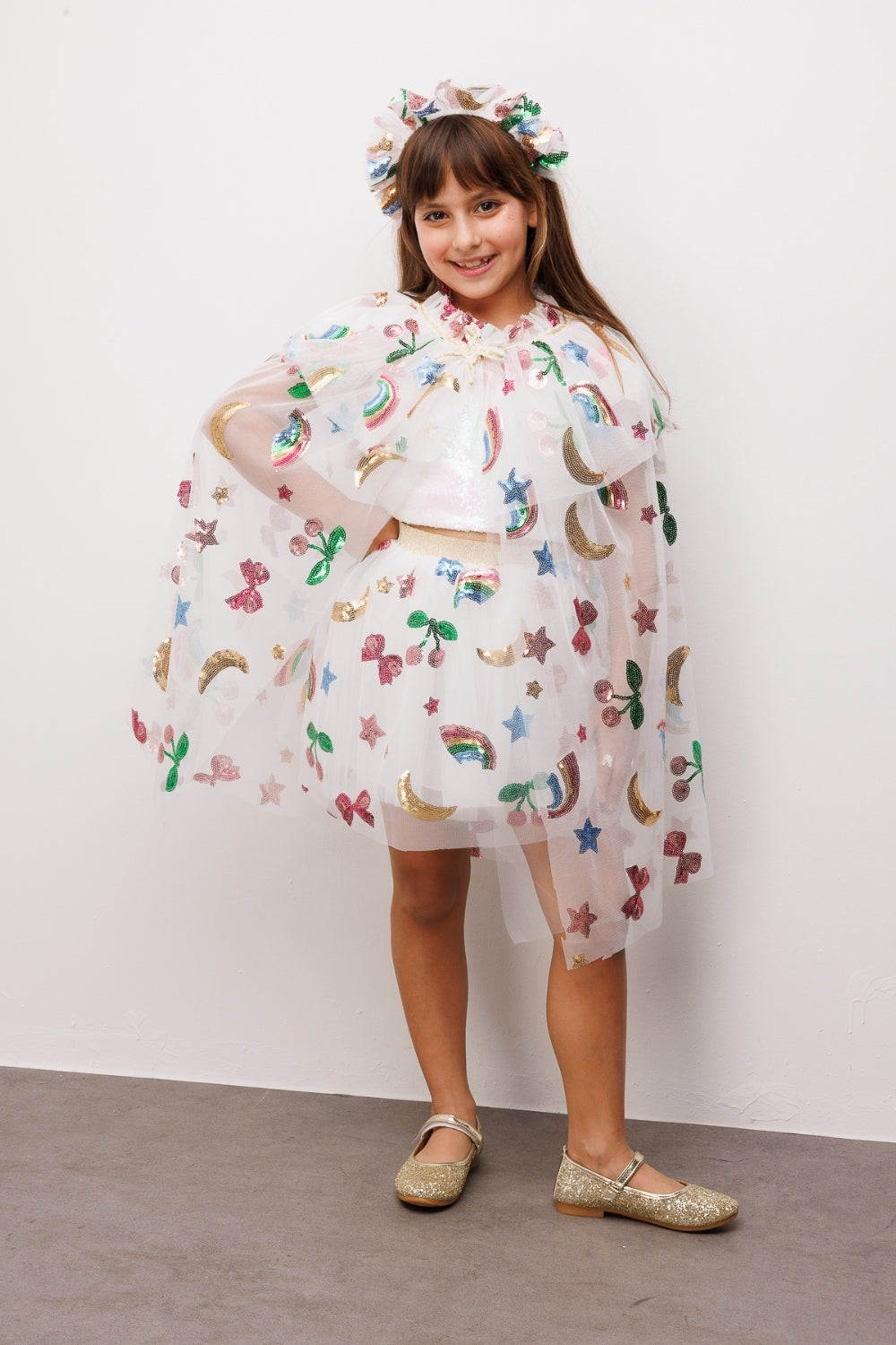 Girls’ White Rainbow & Cherry Sequin Party Cape and Crown Set