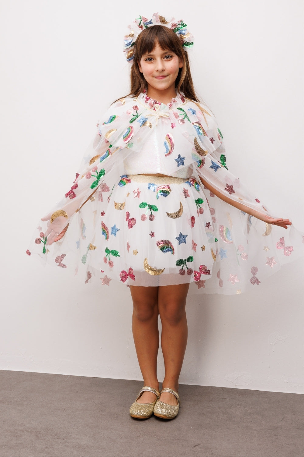 Girls’ White Rainbow & Cherry Sequin Party Cape and Crown Set