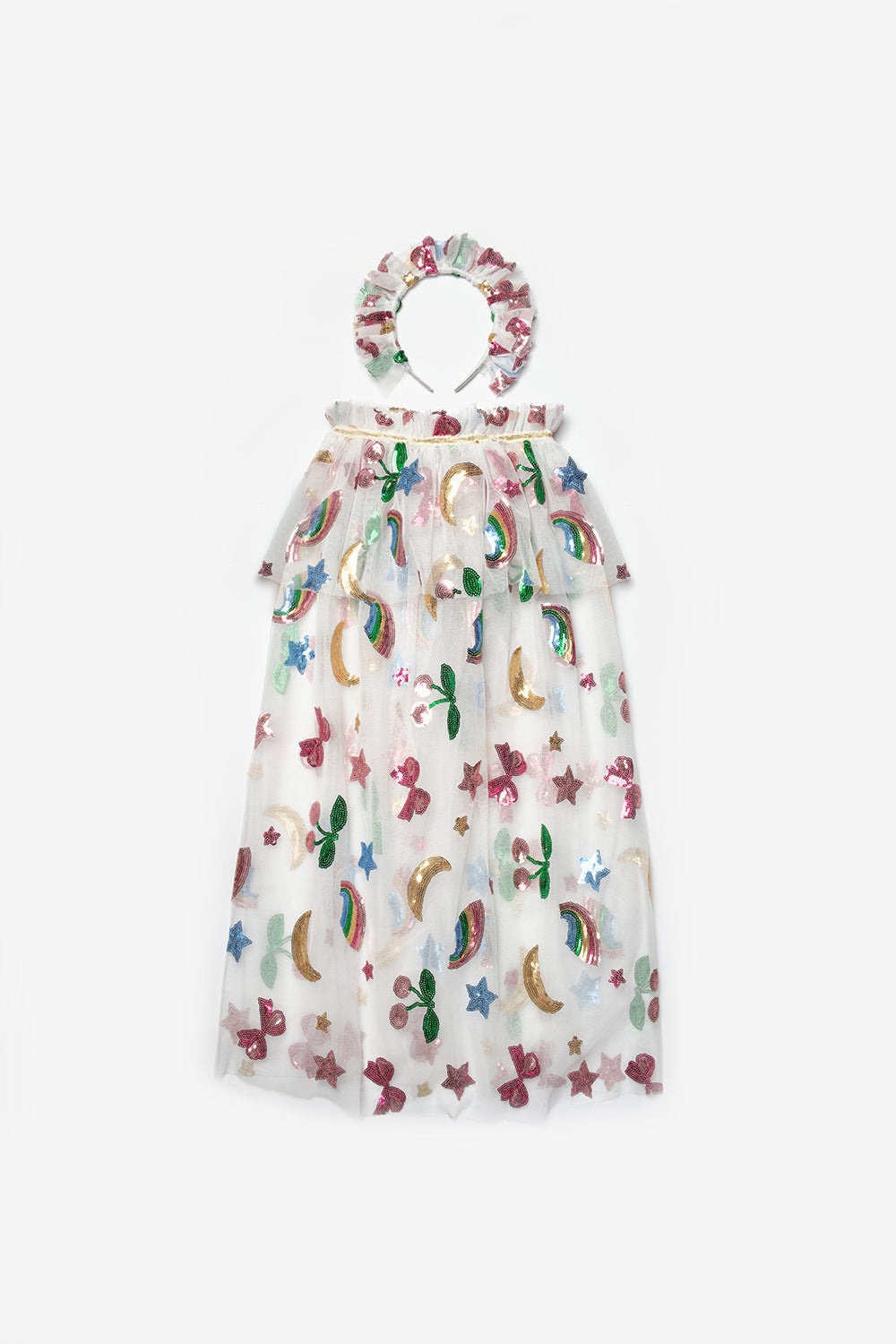 Girls’ White Rainbow & Cherry Sequin Party Cape and Crown Set