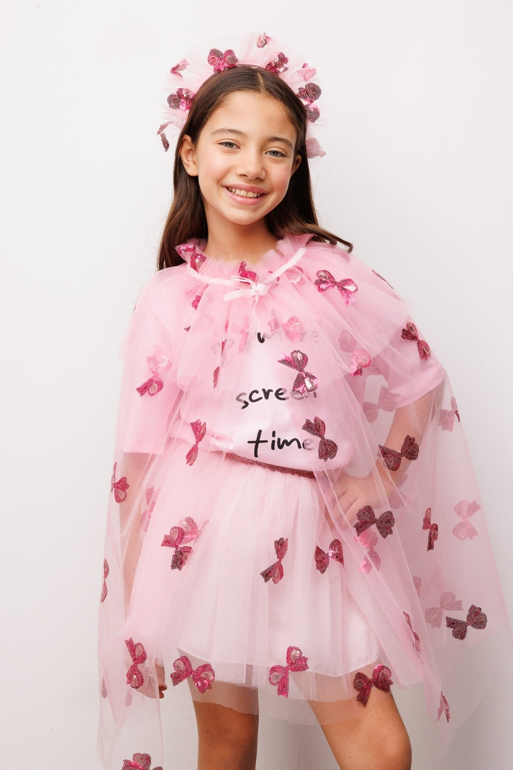 Girls’ Pink Bow Sequin Party Cape & Crown Set