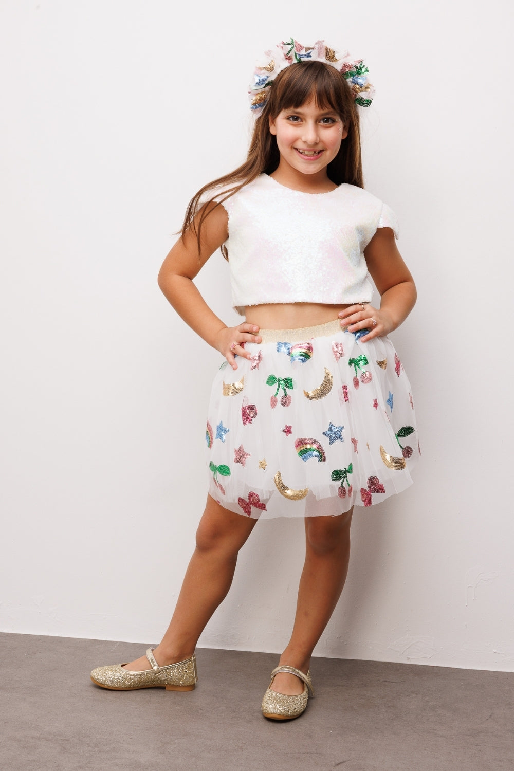 Pauline Girls’ White Rainbow & Cherry Sequin Skirt