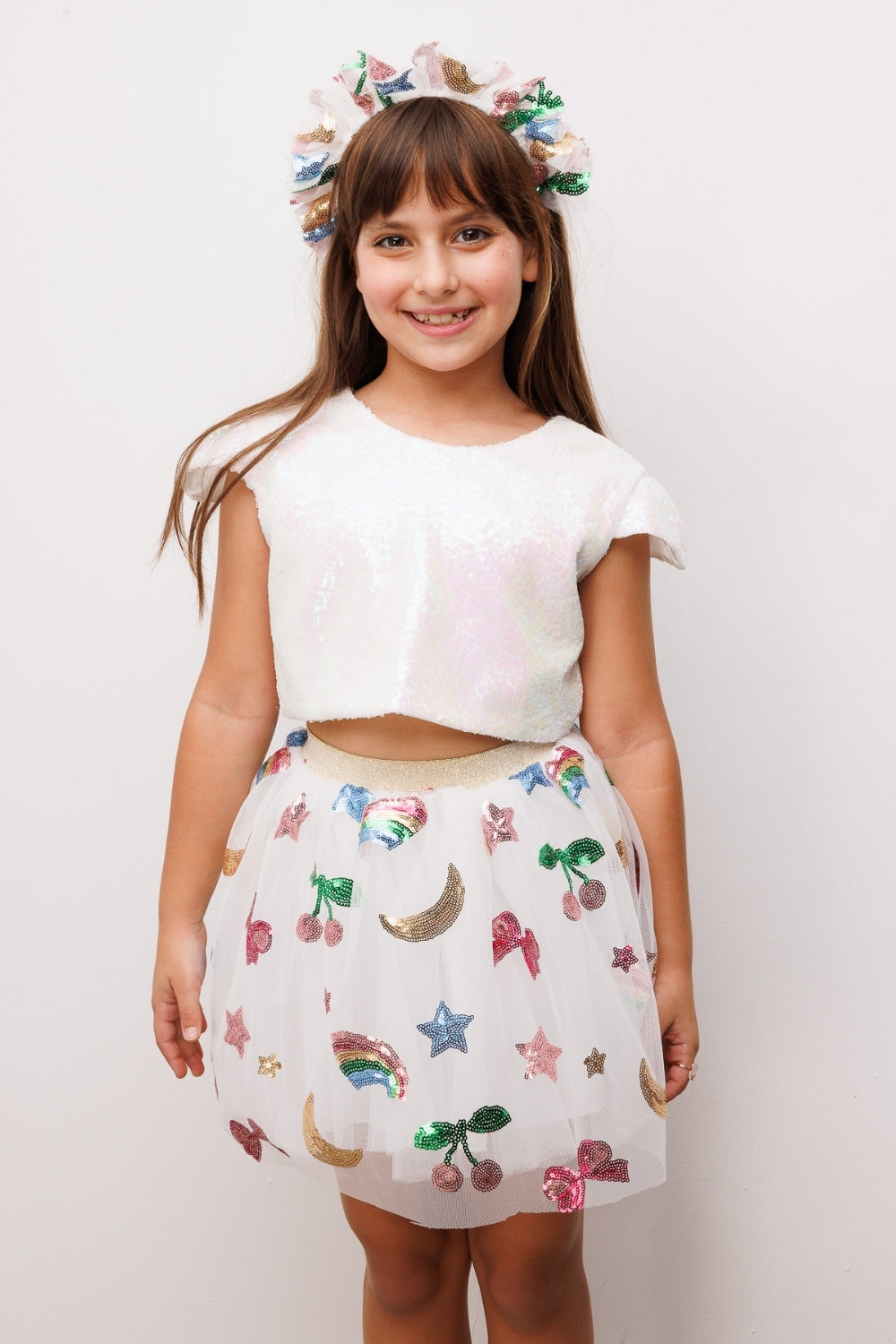 Pauline Girls’ White Rainbow & Cherry Sequin Skirt